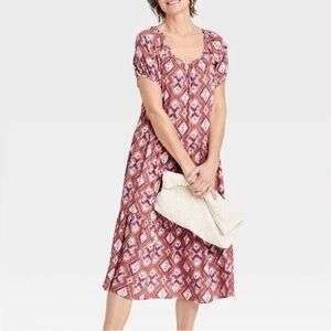 Knox Rose Pink Purple Diamond Print Puff Sleeve Tiered Pocket Dress Size Large